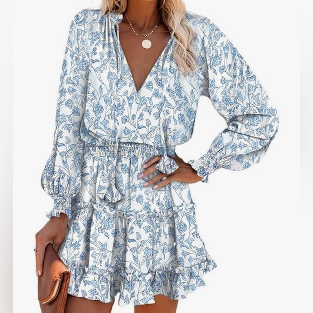 Spring Summer Floral Print Split V Neck Ruffle Dress